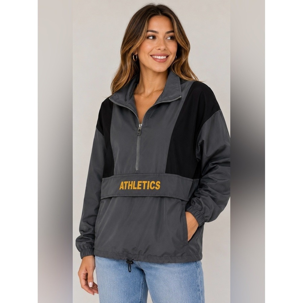 Charcoal & Black 'ATHLETICS' Half-Zip Windbreaker Medium NWT